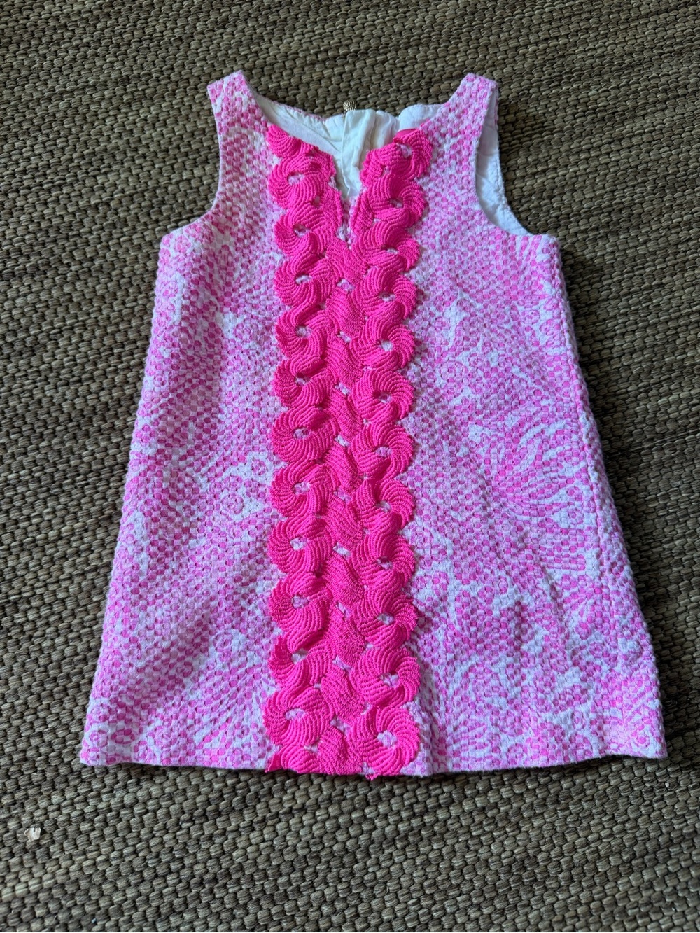 Lilly Pulitzer Pink Patterned Sleeveless Dress with Hot Pink Crochet Trim